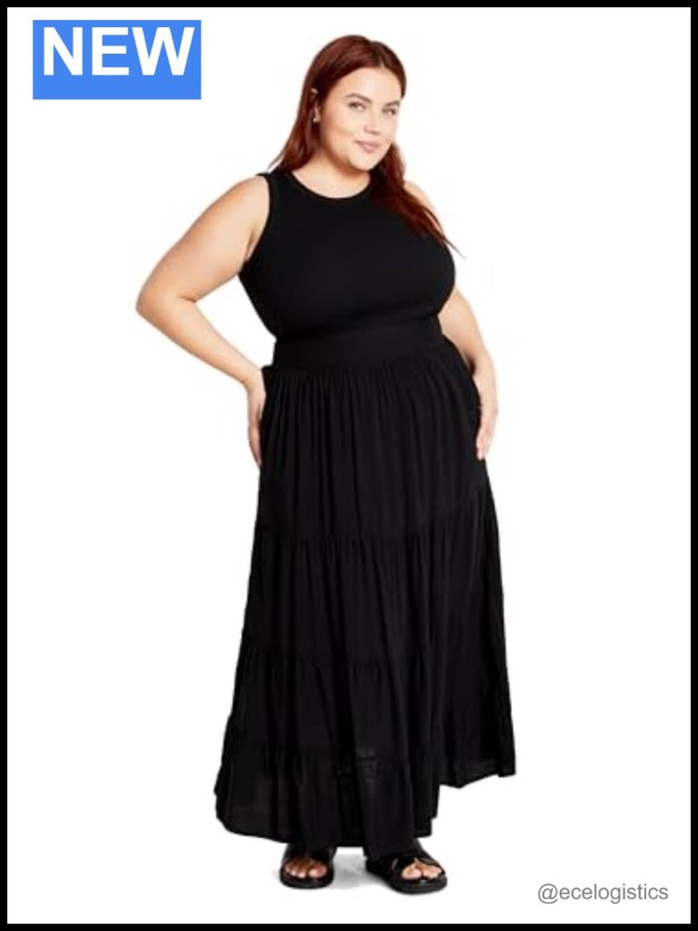 Plus Size Tiered Maxi Skirt Pull On Elastic Waist Cotton Blend